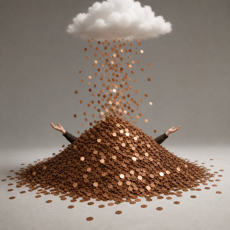 A cloud raining pennies onto a pile of coins, with hands reaching out from beneath the pile.